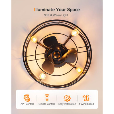 Ventilateur de plafond à cage noire de 20 po avec lumières, ventilateur Fandelier avec télécommande, 6 vitesses et minuterie, ventilateur de plafond encastré Farmhouse pour chambre à coucher, cuisine, extérieur, profil bas