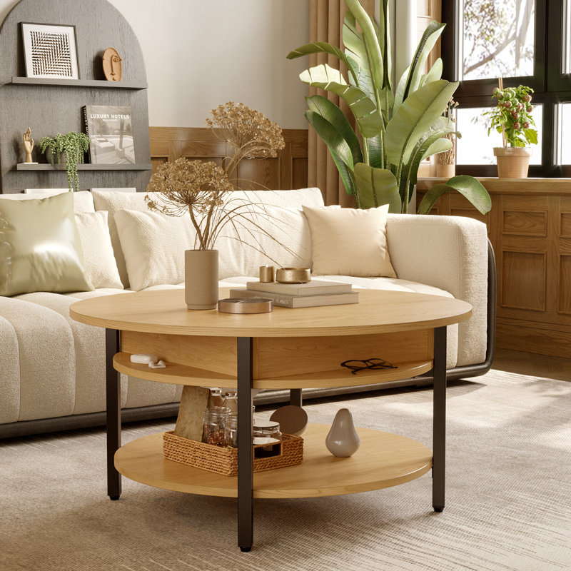  Table basse à plateau relevable en bois avec rangement Wynny, H 26,5 po x l 36 po x P 36 po, Brun clair / gris