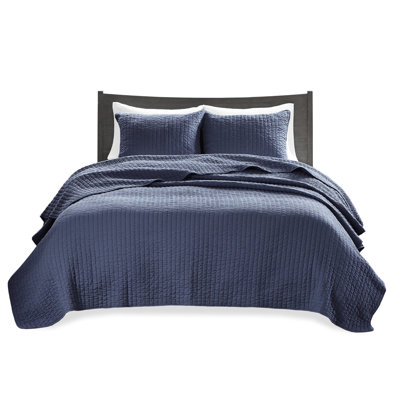 3 Piece Quilt Navy King/ King - Reversible With Microfiber And Cotton Filled Predominant Bedding Shell
