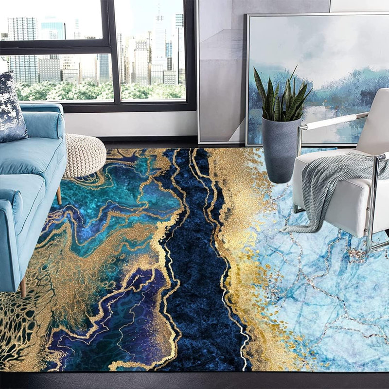 Tapis rectangulaire à texture de marbre rectangulaire de 5 pi x 7 pi - Abstrait moderne, bleu, gris et doré