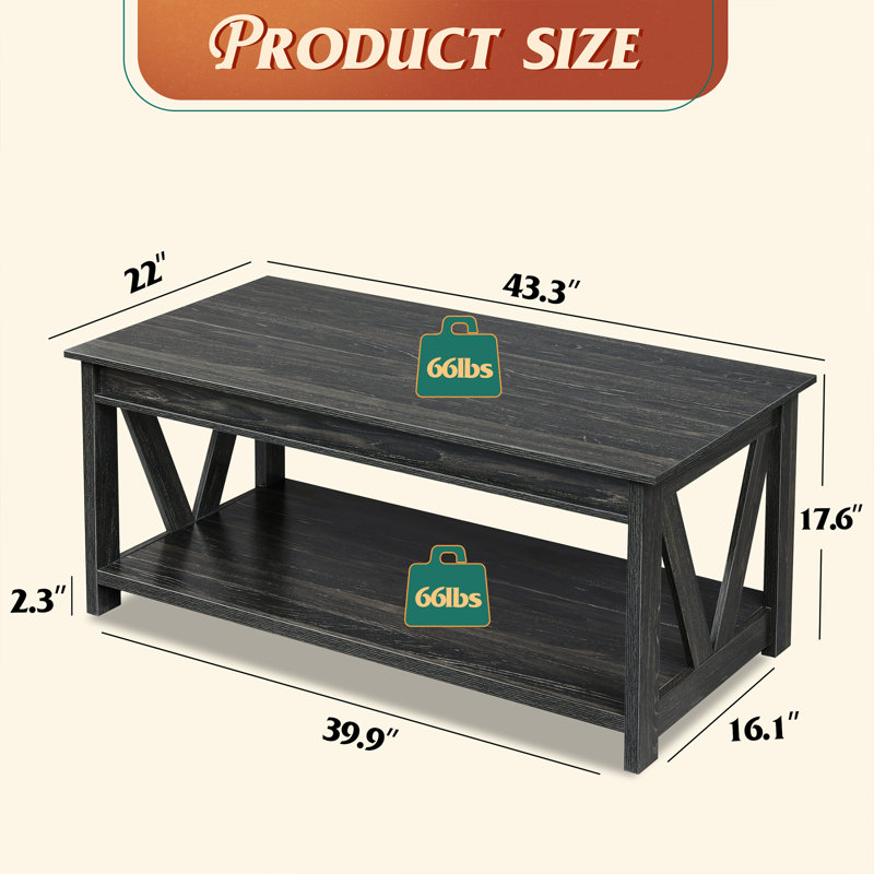 Table basse de style ferme Eoghan avec tablette de rangement, table basse carrée rustique en bois avec piètement en V pour salon