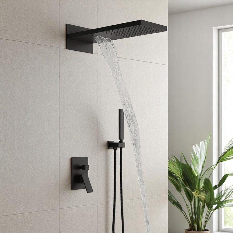 Cascade Bliss Modern Luxury Rectangle 3-Function Shower Faucet Set Pressure Balanced Shower System, Valve Trim Kit, 22-Inch Rainfall & Waterfall Shower Head, Handheld Shower