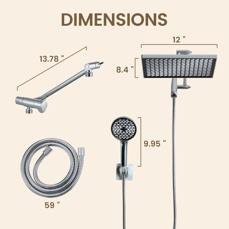 12" Rectangular Rainfall Shower Head and 6-Spray Handheld Shower Combo with 59-inch Hose Wall Mount Chrome, Chrome