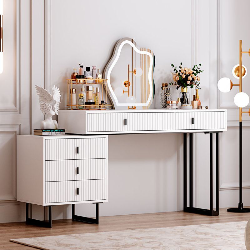 Large Vanity Desk with 3 Color Touch Screen Dimming Mirror, Retractable Makeup Dressing Table, White