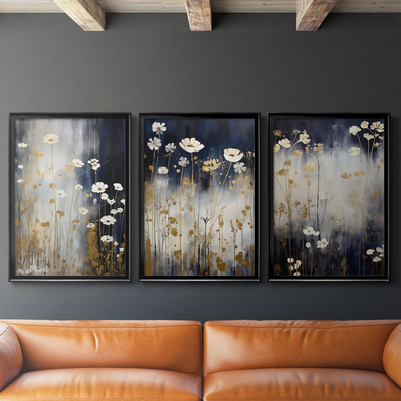 FLORAL Series CCCCXI - Toile tendue avec châssis sur mesure - 3 pièces, H 19 po x l 45 po, Noir, noir, noir, noir