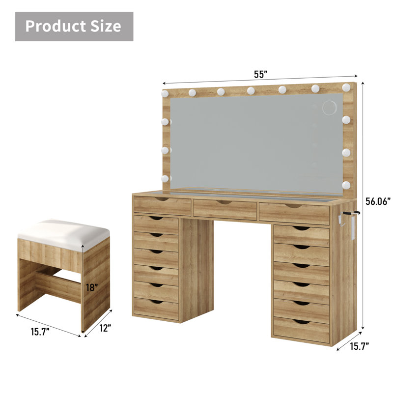 Dressing Table with LED Mirror, 15 Drawers, Power Outlet, Glass Top, 3 Lighting Modes, Stool, Oak