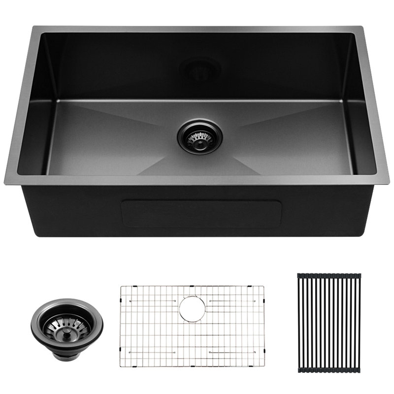 Undermount Kitchen Sink 28 Inch 10 Deep Gunmetal Black 16 Gauge Stainless, Hand - Crafted Brushed, Soundproof, Condensation, Foldable Rack And Grid Crafted, Bottom Rinse Drain