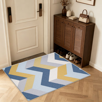 Tapis à chevrons bleus et moutarde pour le salon, doux et confortable, convient à toutes les saisons, facile à entretenir, tapis de sol intérieur lavable à la machine, sous la ferme pour la chambre à coucher, la salle à manger, le bureau, le balcon, le patio