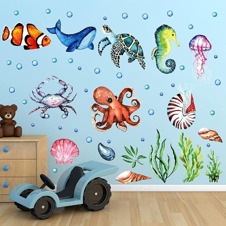52 Piece Ocean Fish Under The Sea Stickers Removable Waterproof Peel and Stick for Kids Bathroom Watercolor Ocean Decor Wall Décor Latitude Run