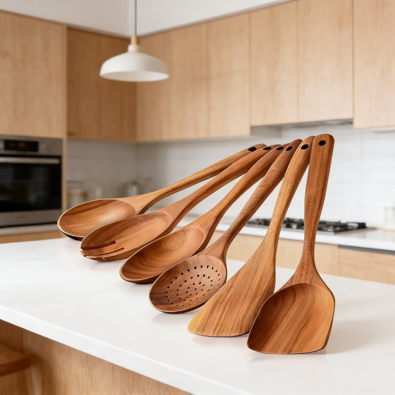 Ensemble de cuillères en bois professionnel pour cuisiner et servir, 6 pièces d'ustensiles de cuisine en bambou naturel avec poignées durables, non toxiques et écologiques