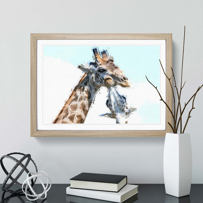 Giraffe with Calf - Picture Frame Painting Print, 62cm H x 87cm W x 2cm D, Oak Framed