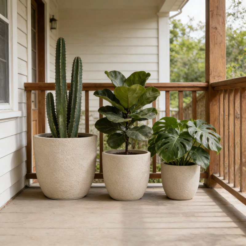 3 pots de fleurs ronds pour l'extérieur MGO, pots de fleurs texturés légers avec trou de drainage pour patio, Beige, jaune
