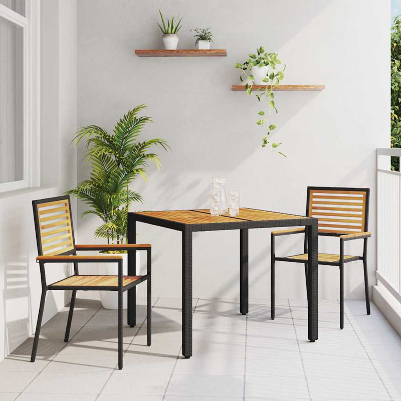 3 Piece Garden Dining Set Poly Rattan Acacia, Black
