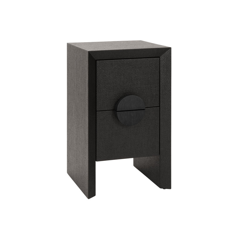 Petite table d'appoint à deux tiroirs en toile de ramie peinte en noir avec poignées en chêne noir, Noir