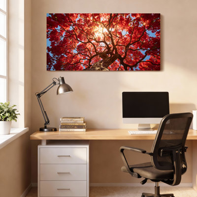 Autumn Red Maple Tree Sunlight Canvas Wrapped Wall Art Oil Painting Print Set Of 1