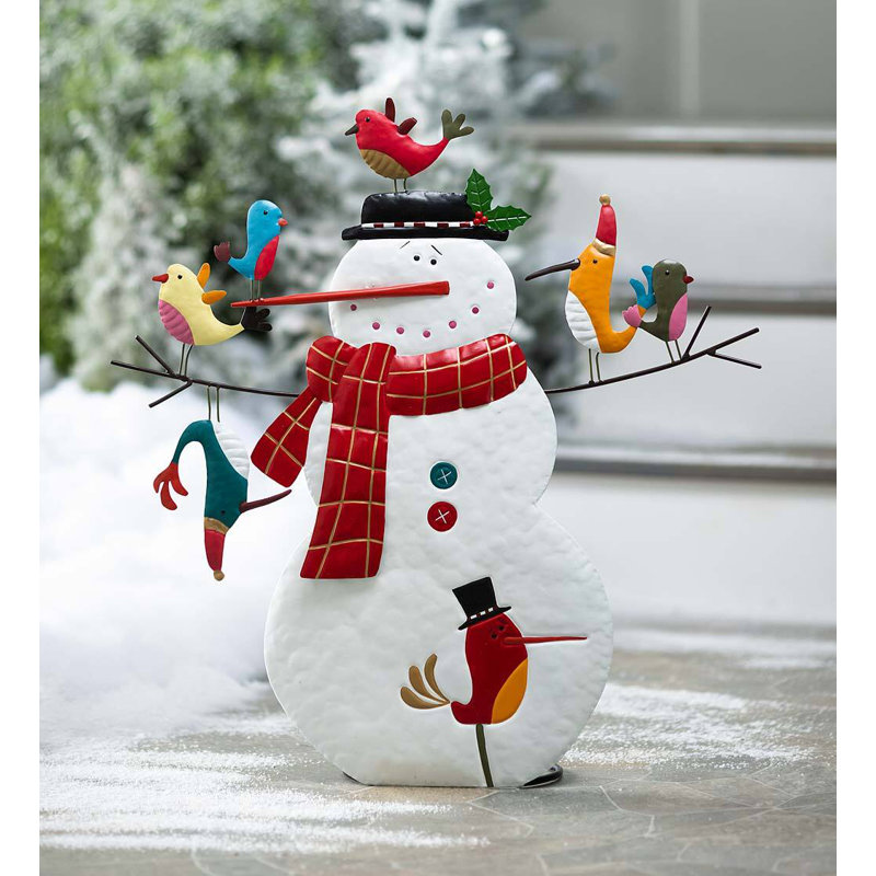 Figurine de jardin bonhomme de neige et oiseaux