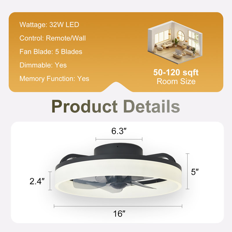 Ventilateur de plafond encastré noir 16 po avec lumière, profil bas, application et télécommande, moteur à courant continu silencieux à 6 vitesses, DEL à intensité variable pour la chambre à coucher