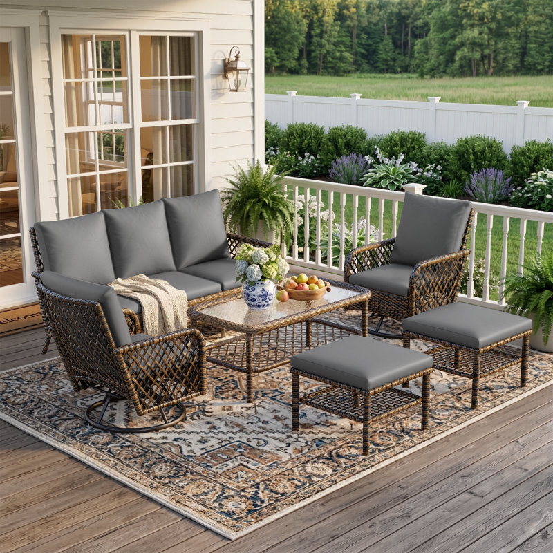 Outdoor Couch And High Back Swivel Rocker Patio Chairs With Ottoman, Dark Gray