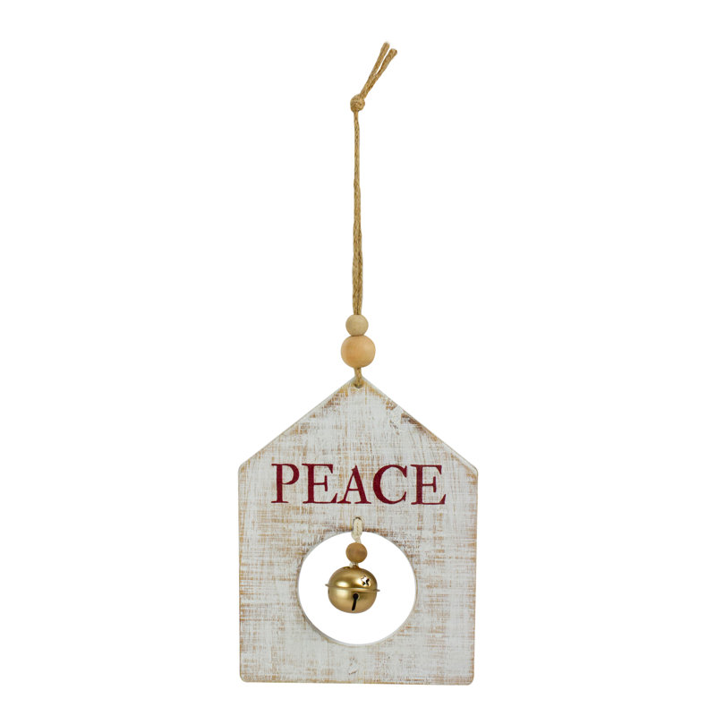 8" White Wooden Peace Ornament with Gold Bell