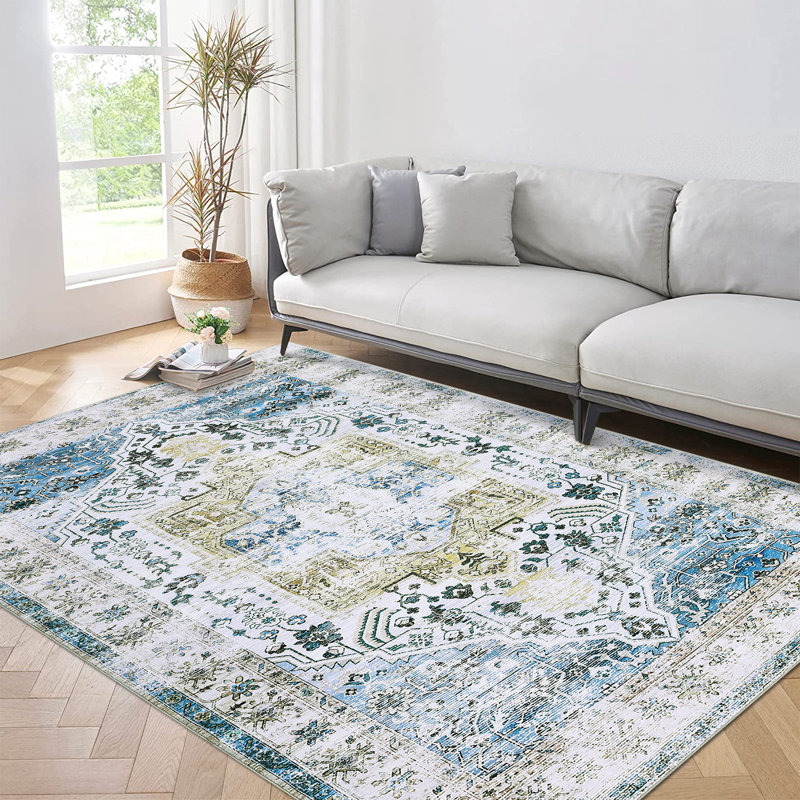 Area RugRugs for Living RoomNon Slip Stain Resistant Kitchen RugVintage Distressed Accent Rug Floor Cover for Bedroom, Blue