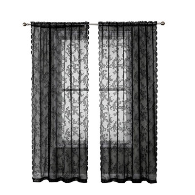Deeprove Black Lace Curtains 55.12 Inches Long 2 Panels Set for Bedroom, Sheer Floral Embroideried Vintage Victorian Gothic Window Treatment Pair Ruffle Drape Pair for Halloween, Rod Pocket, W39.37 x L55.12