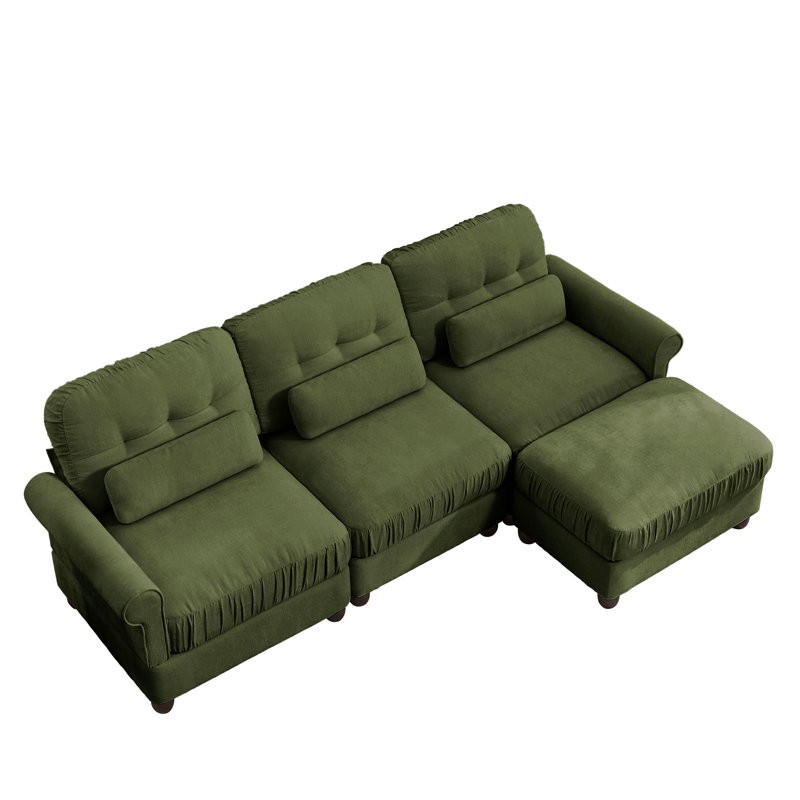 Ensemble de salon 2 pièces en chenille avec canapé 3 places, pouf, accoudoirs arrondis et coussins à ressorts ensachés, vert olive