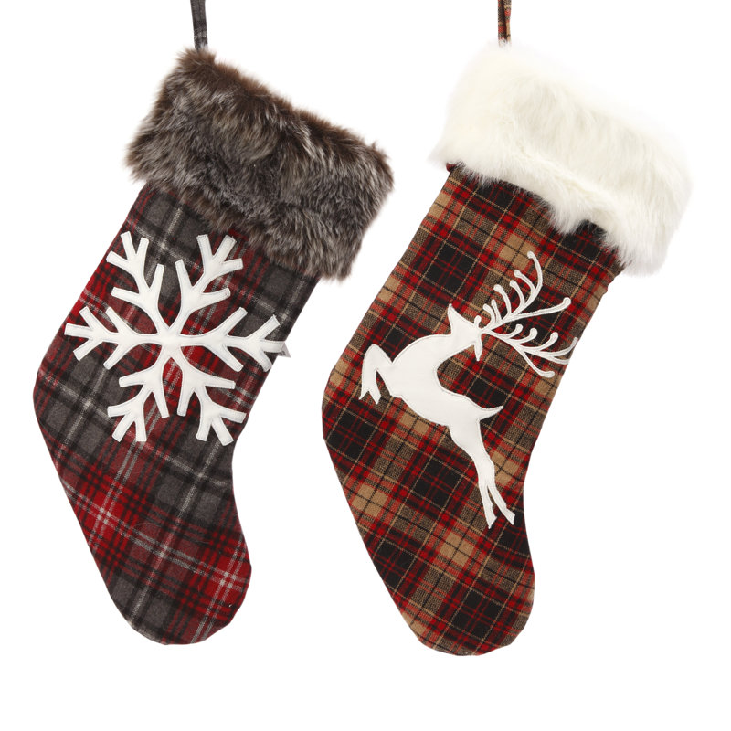 Set of 4 Christmas Holiday Stockings Faux Fur Buffalo Plaid