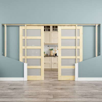 64" x 80" 5-Lite Pine Wood & Frosted Glass Interior Double Pocket Door, Natural Pine Wood, Tempered Glass Door Slab with Privacy, Paintable & Waterproof, As Laundry Doors, Closet Doors, Room Doors