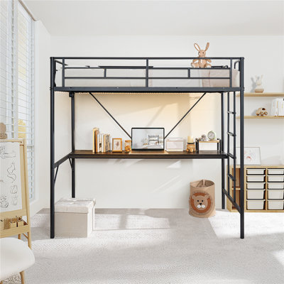 Metal Loft Bunk Bed Frame For Kids Teens Adults With Desk Underneath,2 Charging Station,LED Lights,Safety Guardrail And Stair,No Box Spring Needed,Black