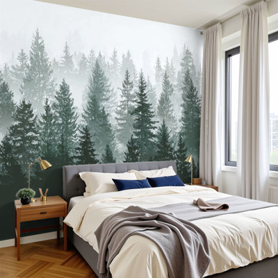Peel and Stick Wallpaper 144" W x 100" H Modern Self Adhesive Wall Mural for Bedroom Forest panorama view Pine tree landscape Spruce silhouette
