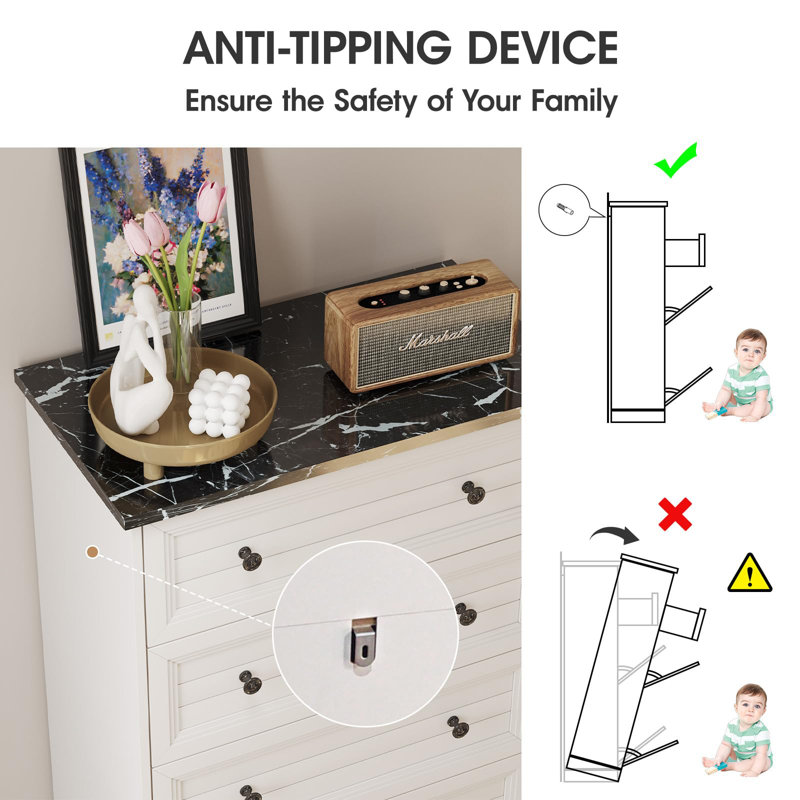 5 Drawer Dresser With Marble Pattern Countertop