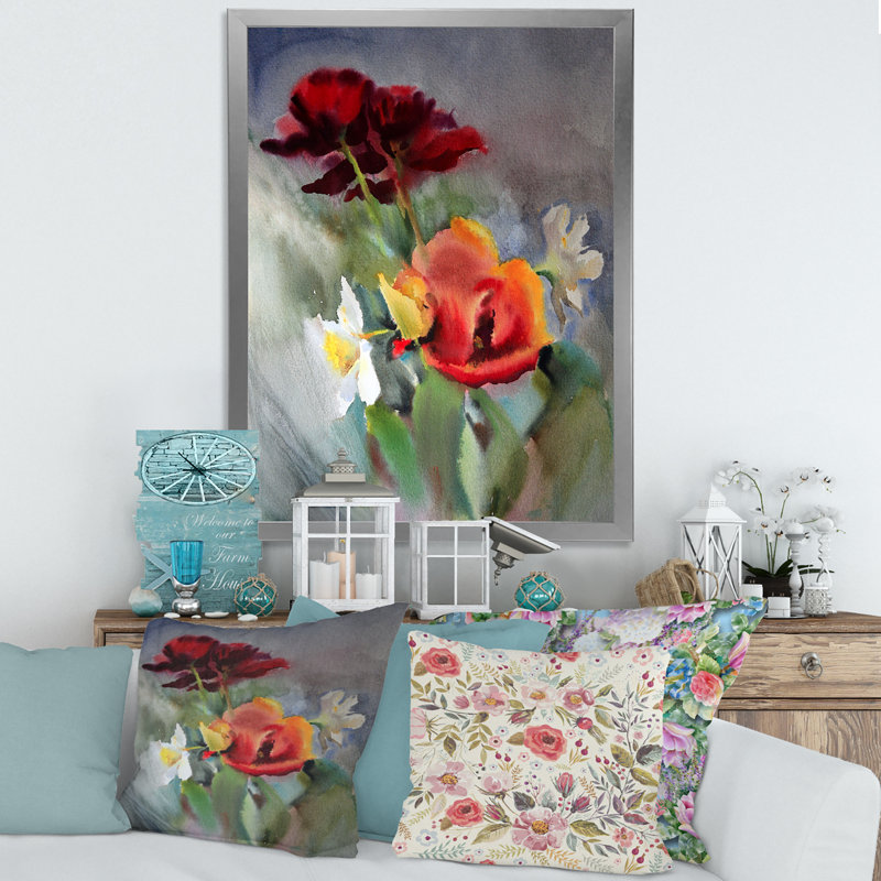 «Blossoming Vibrant Wildflowers», peinture sur toile, H 32 po x l 24 po x P 1,5 po, Toile avec cadre argenté
