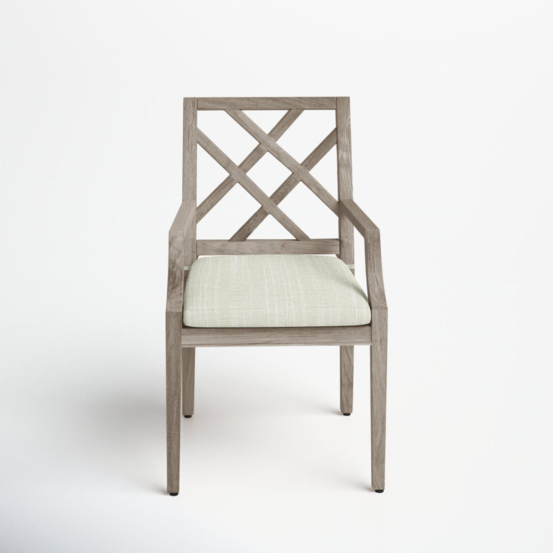 Haley Patio Dining Armchair with Cushions, Oyster Teak, No Welt, Rollo Cream InsideOut® Linen