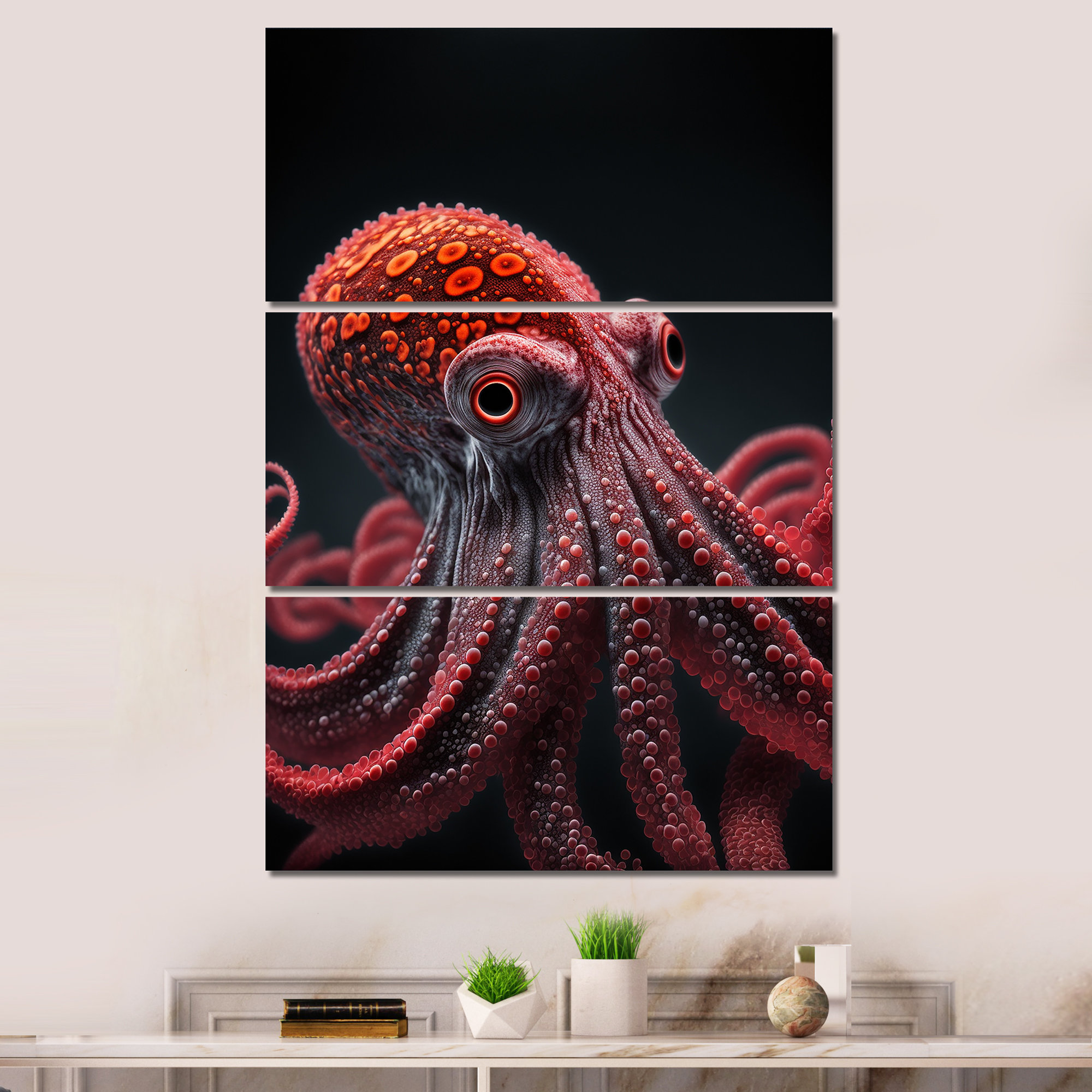 Designart Red Octopus on The Ocean Floor II Animal Octopus Canvas Art Print - 3 Panels - 28 in. Wide x 36 in. High