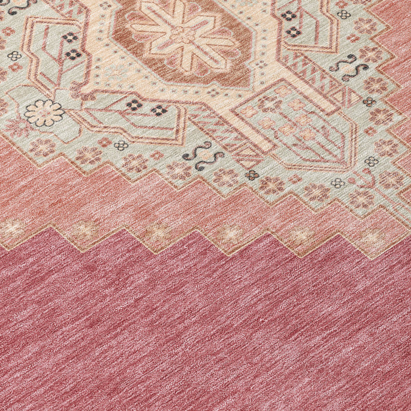 Beige and Pink Synthetic Medallion Washable Rug