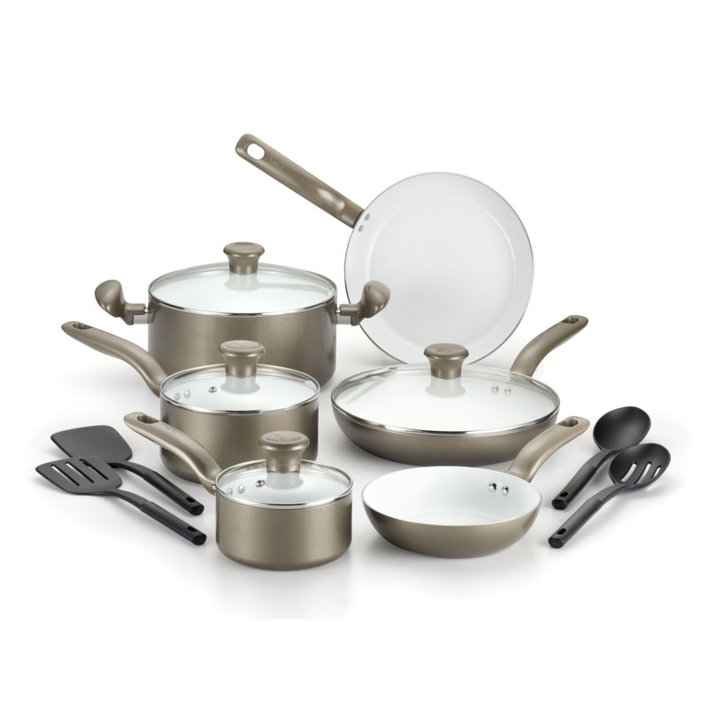 T-Fal Initiatives 14 Piece Aluminum Non Stick Cookware Set, Champagne