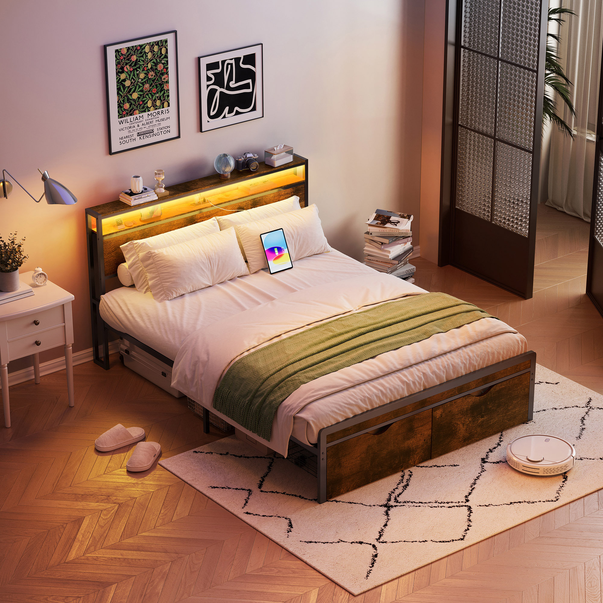 17 Stories Bed Frame With Storage Headboard And 2 Drawers, LED Lights ...