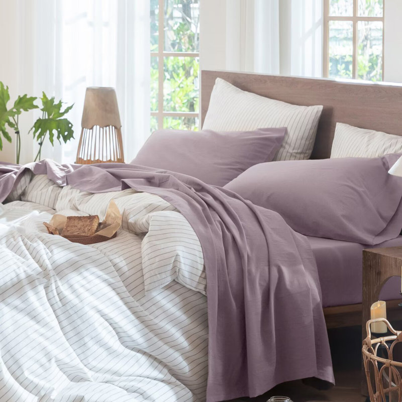 100% Washed Cotton Sheet Set Extra Deep Pocket Linen Like Textured, Queen Sheet Set with 2 Pillowcases, Tannish Linen Gray