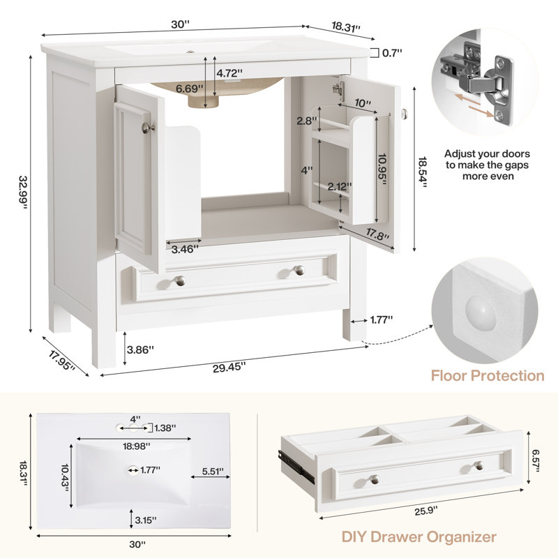 30" Solid Wood Frame Freestanding Bathroom Vanity with Sink, Door Organizer, White, 30"