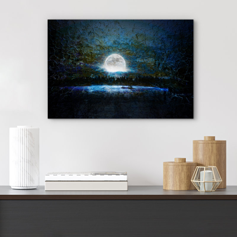 Pleine lune brillante sur fond bleu avec coups de pinceau, décoration intérieure, H 16 po x l 24 po x P 1,5 po