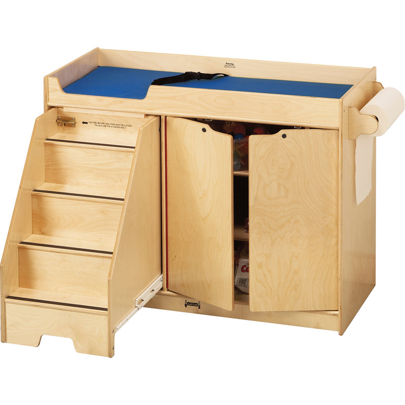 Natural Wood Changing Table with Pull-Out Stairs and Storage