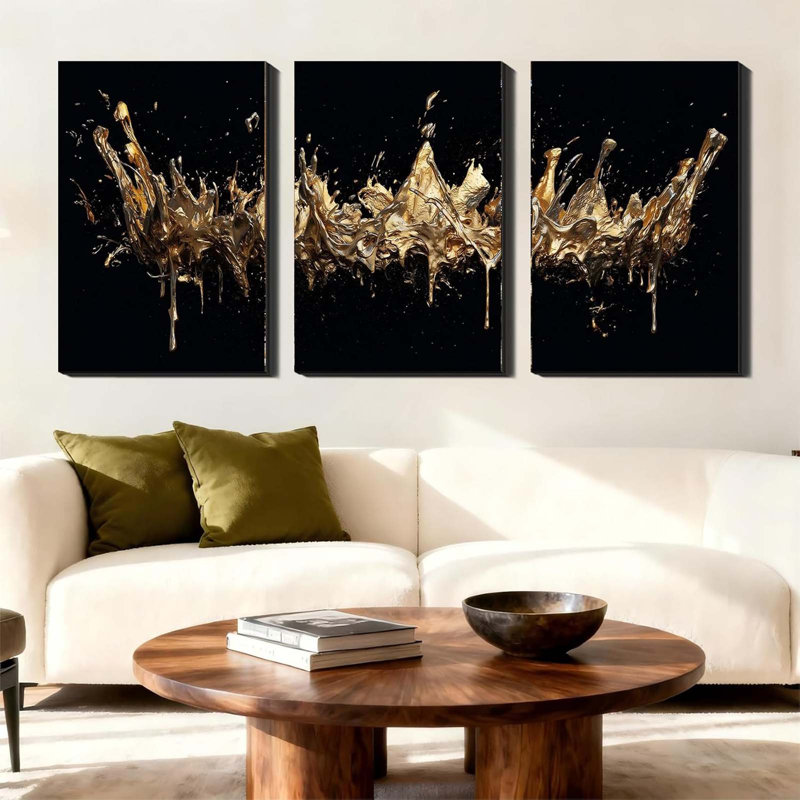 Set of 3 Big Framed Canvas Wall Decor - Luxury Gold Splash Art, Bold Black Prints for Living Room, Oversize Statement Decor 40x60 cm