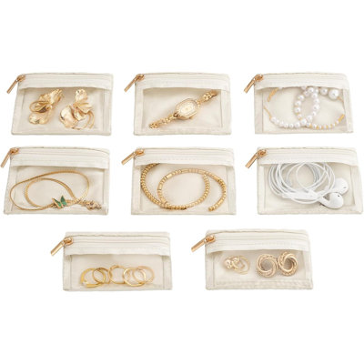 Lot de 8 pochettes de rangement pour bijoux de voyage, pochettes transparentes à glissière pour femmes, pochettes portables en velours pour boucles d'oreilles, bagues, colliers et bracelets, pochettes de rangement individuelles pour filles