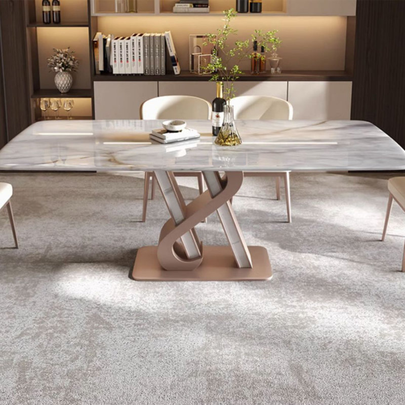 Beige Rectangular Marble Tabletop Dining Table, 29.53"H x 62.99"L x 35.43"W