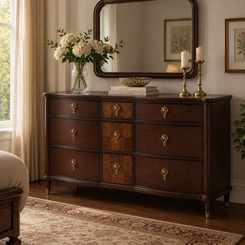 Commode Raam, 9 tiroirs, pieds dorés, brun cerise foncé