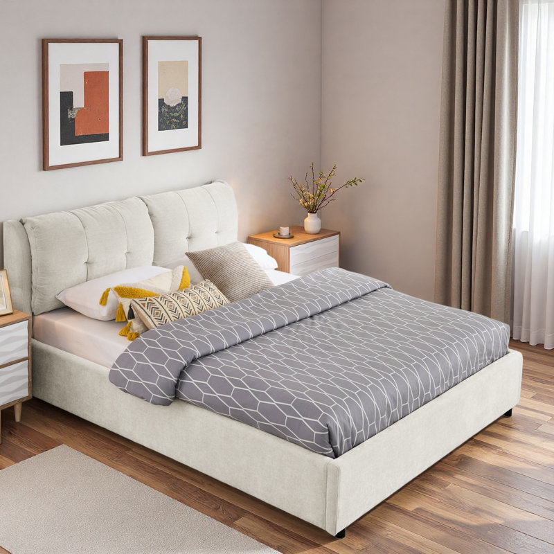 Lit plateforme en chenille avec système de rangement hydraulique et tête de lit tapissier, Beige, Grand