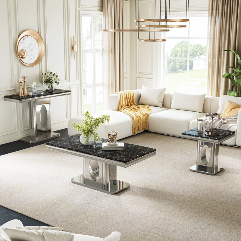 Modern Marble Coffee Table, 46.85" Rectangular Faux Marble, Luxury Mirrored Round Hollow Stainless Steel Base, Cocktail Table, Center Table