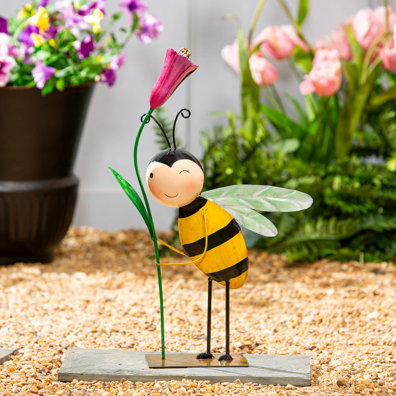 Statue d'abeille en métal avec fleur rose en métal, H 20 po