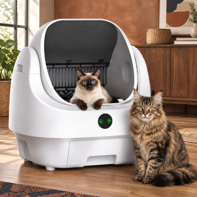 Ready to use, this large-capacity automatic litter box operates with an open top and self-cleaning function, combining app control, odor control, and a safety sensor; trash bags, a waterproof mat, and a litter mat are included.