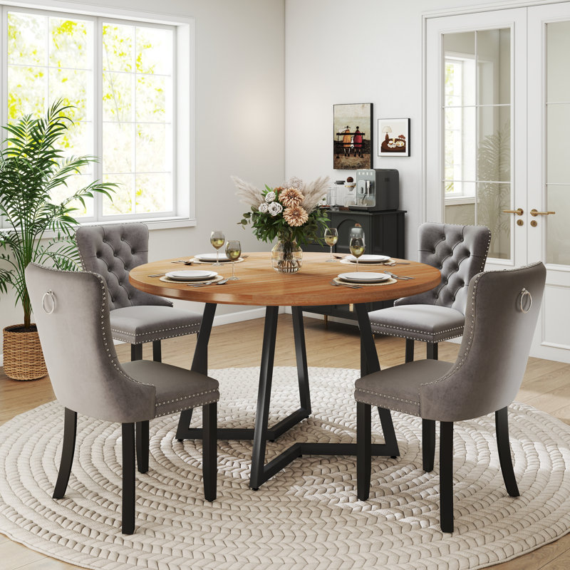 Round Wooden Dining Set with Velvet Dining Chair, Gray, Brown